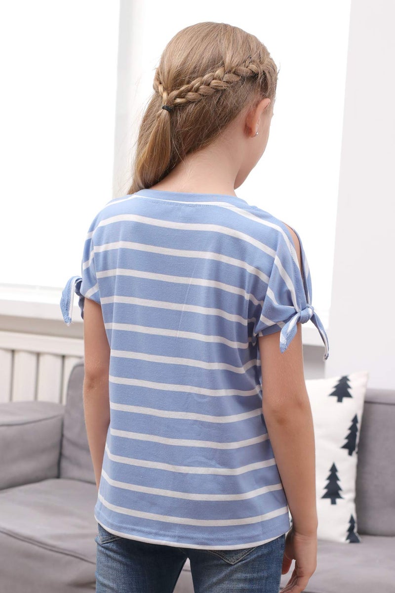 GORLYA Girl's Cut Slit Sleeve Tie Knot Cuff Stripe Tunic T-Shirt Casual Pullover Top for 4-14T Kids (GOR1049, 9-10Y, Blue Stripe) - Image 2